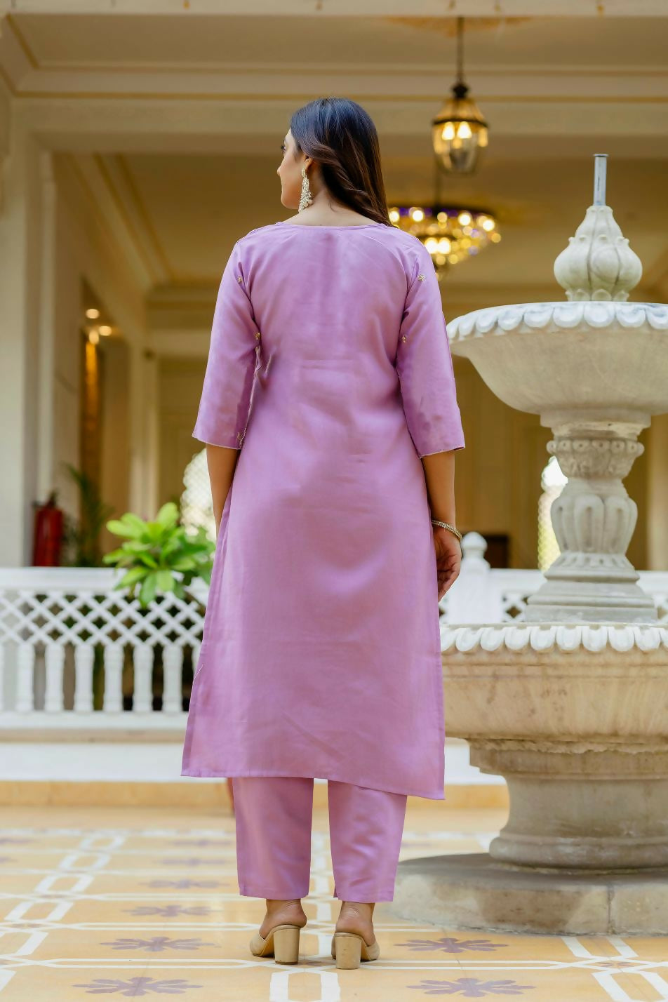 The52 Lavender Women's Gorgeous Embroidered work Viscose Gadhwal Fabric Straight Kurta, Pant and Dupatta Set - Swadesiicart