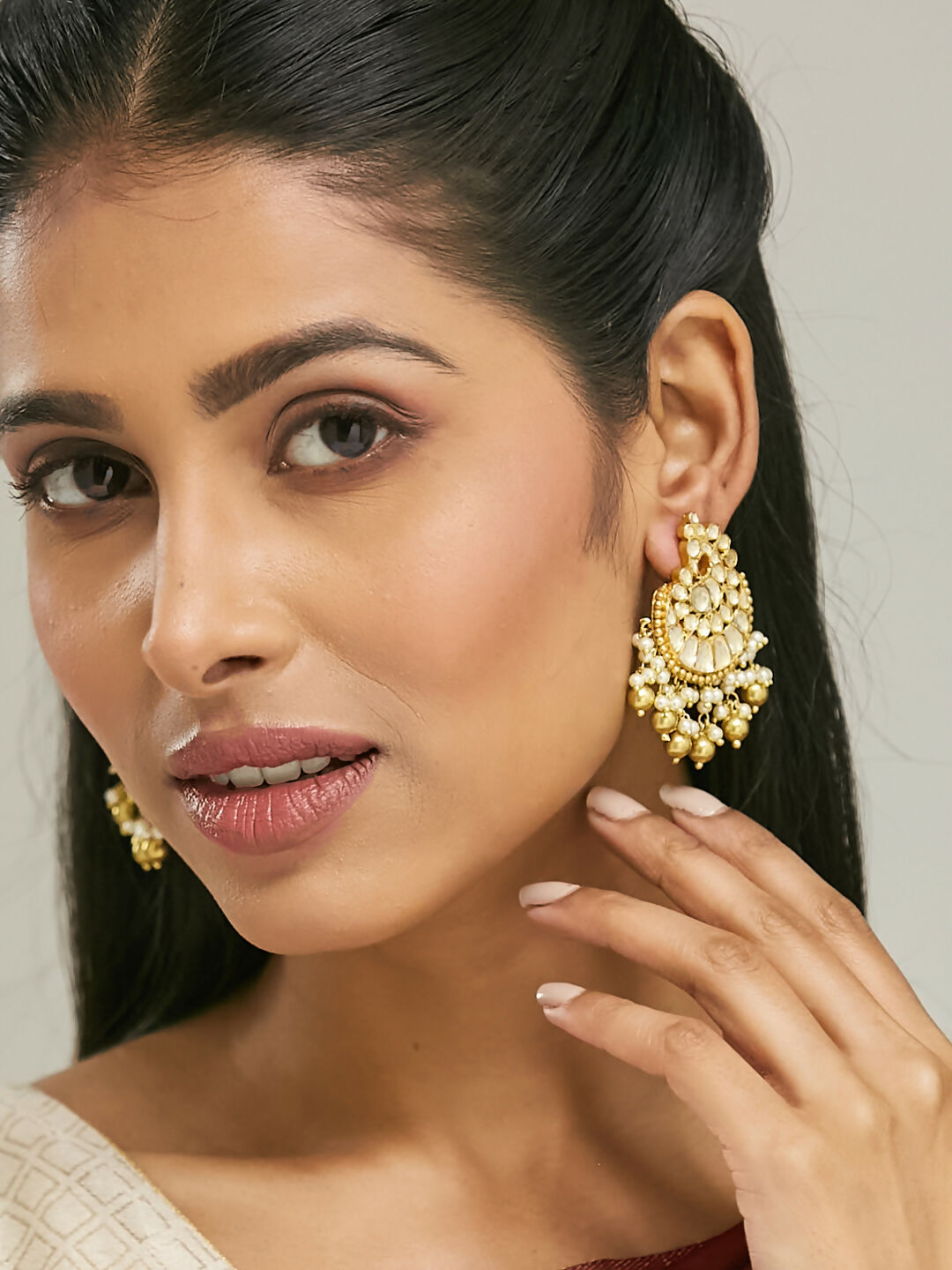 Nuyug 22K Gold-Plated Kundan Stone Studded & Pearl Drop Beaded Crescent Shaped Chandbalis | Swadesiicart