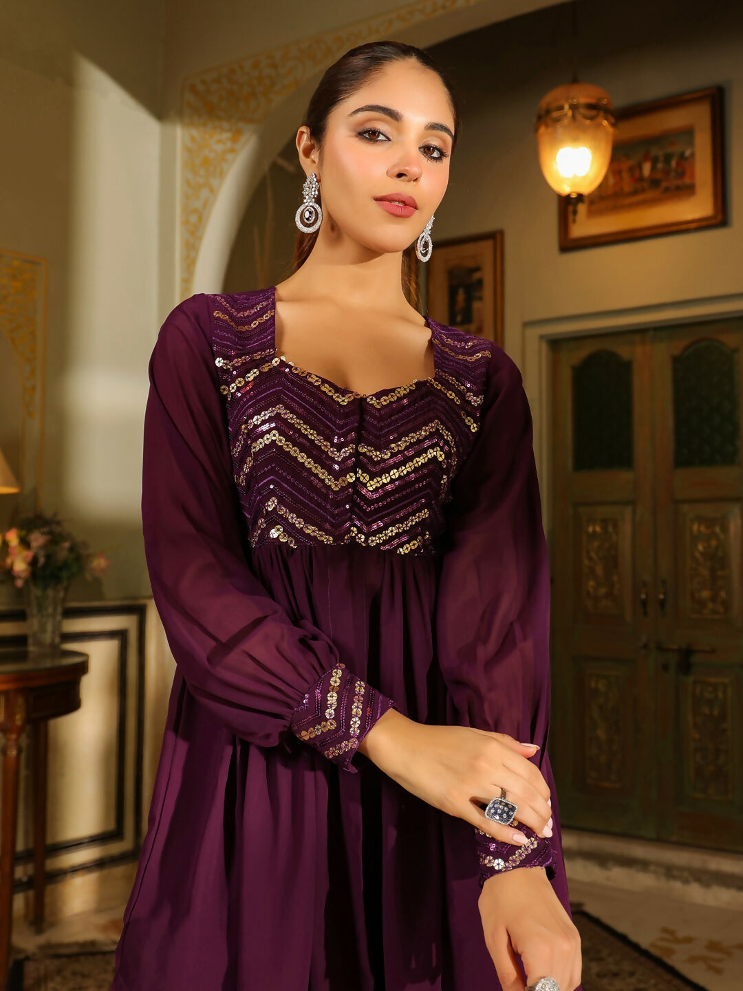 Janasya Purple Georgette Sequined Tunic & Bottom | Swadesiicart