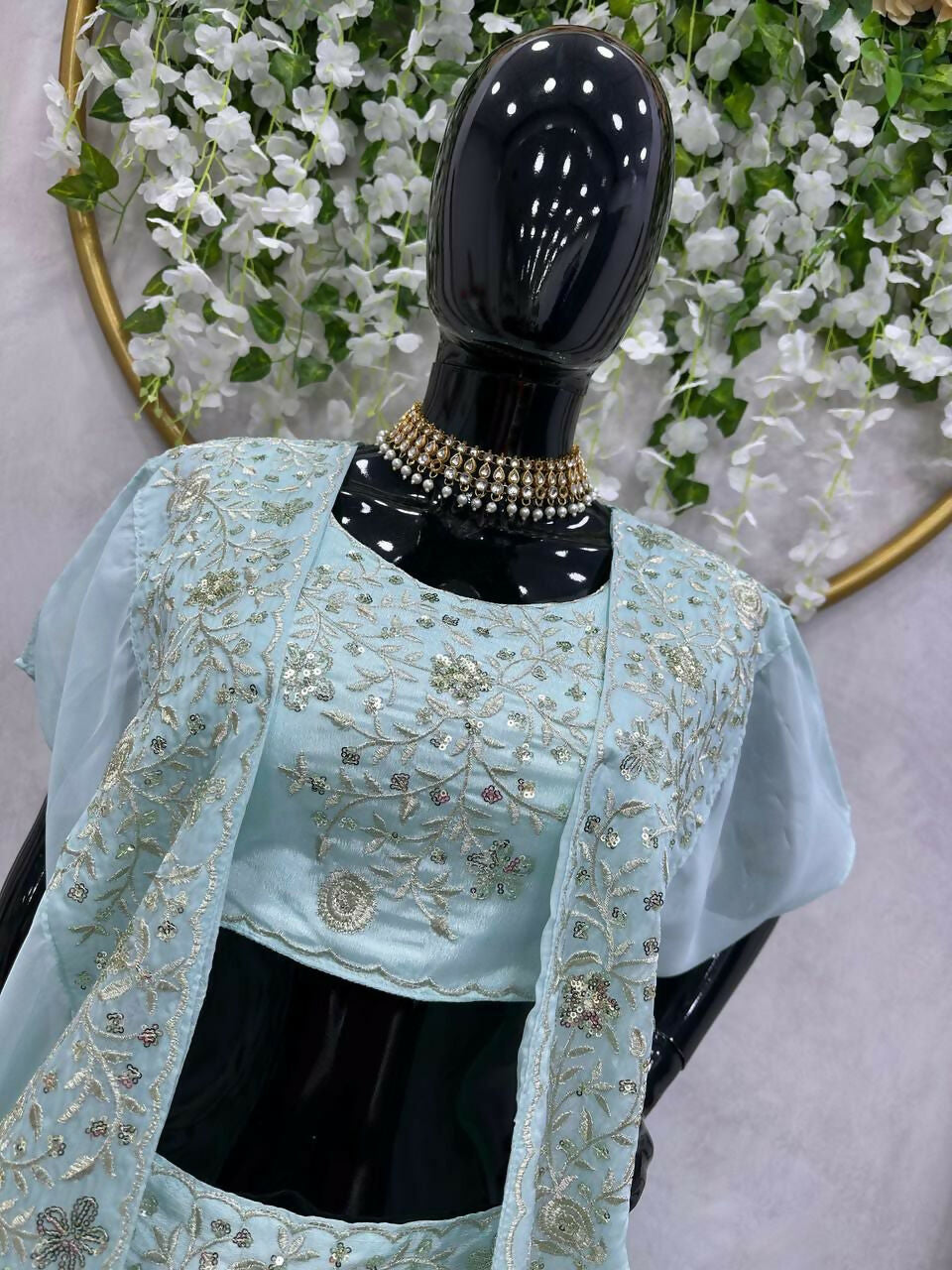 Jyoti Fashion Women's Sky Blue Chinon Sequins with Thread Embroidered Designer Lehenga Choli with Shrug Set | Swadesiicart