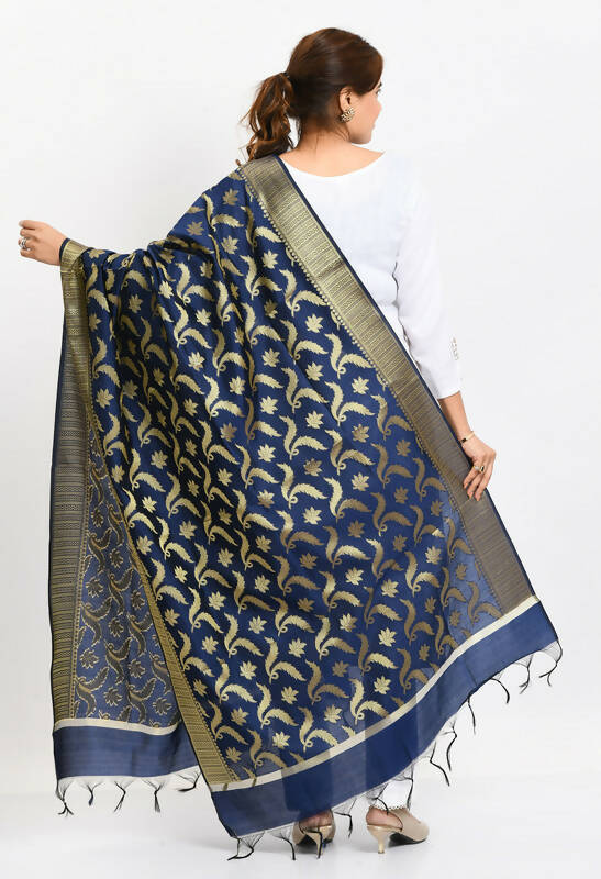 Mominos Fashion Moeza Women's Banarsi Silk Floral Woven Design Navy Blue Dupatta - Swadesiicart