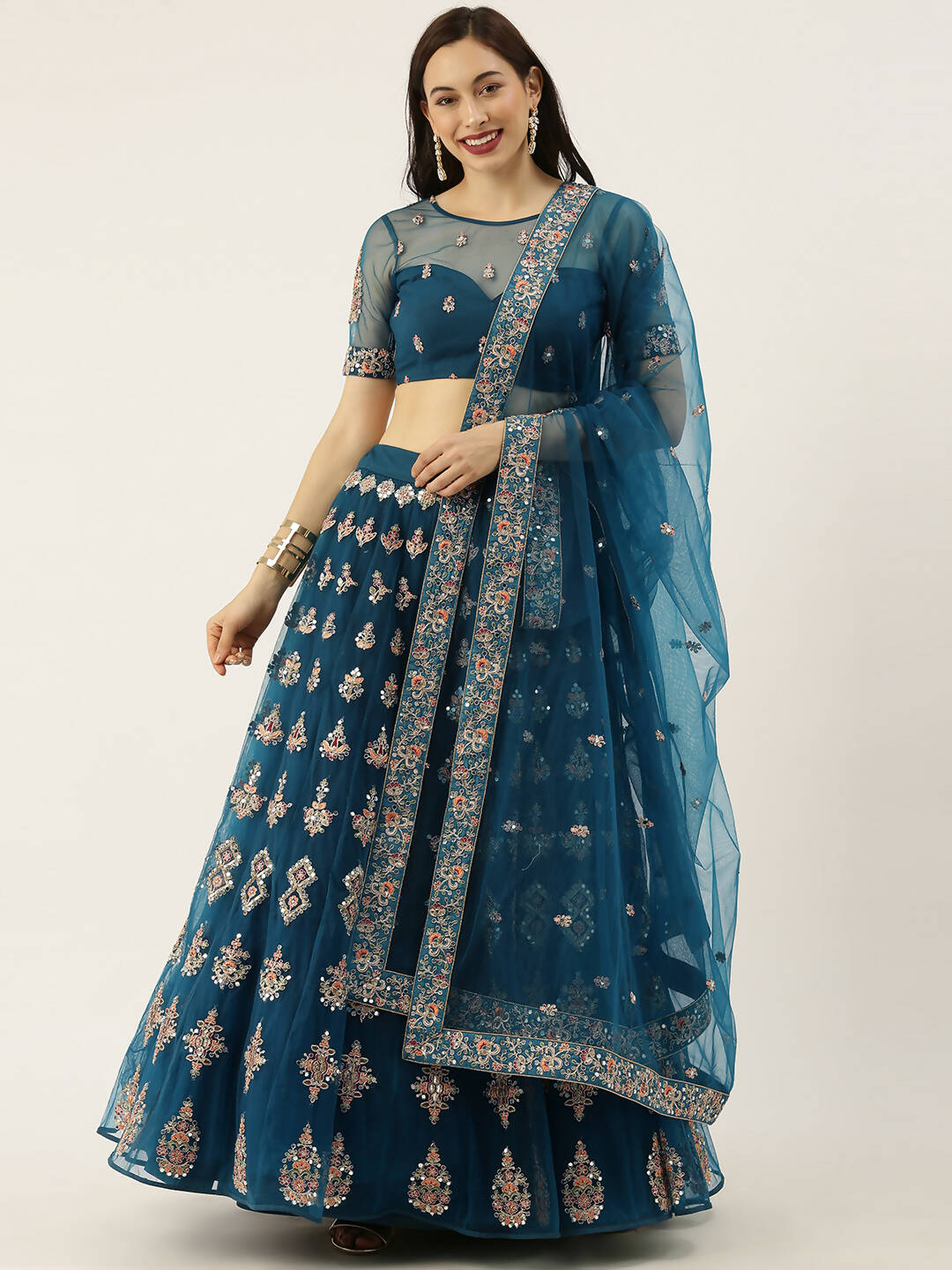 House of Panchhi Teal Net Semi stitched Mirror and Coding Work Lehenga Choli | Swadesiicart