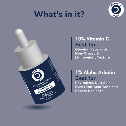 Dermistry Pure 10% Vitamin C 1% Alpha Arbutin Dull Skin Brightening Lightening Fairness Glow Serum - Swadesiicart