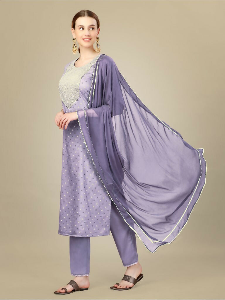 Jyoti Fashion Women's Lavender Silk Blend Embroidery & Sequence work Kurta with Trouser & Dupatta | Swadesiicart