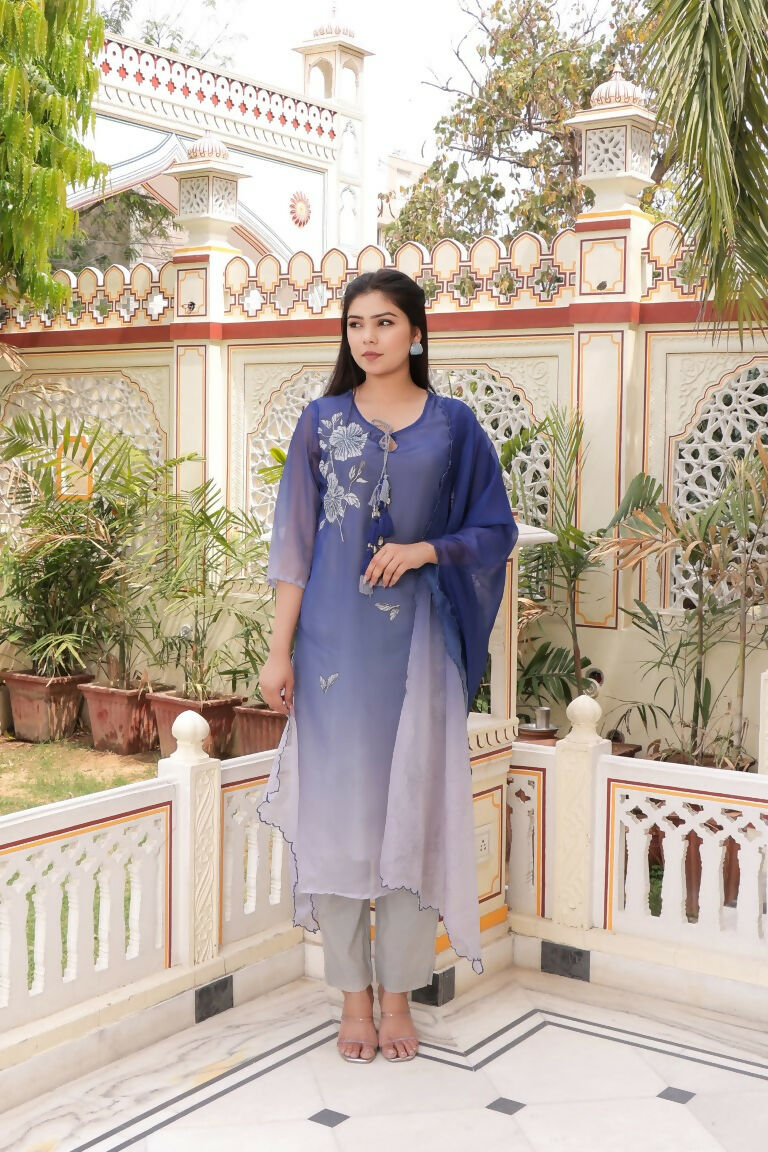 Vaasva Women Blue Tabby Slik Print & Embroidered Kurta, Pant & Dupatta Set | Swadesiicart