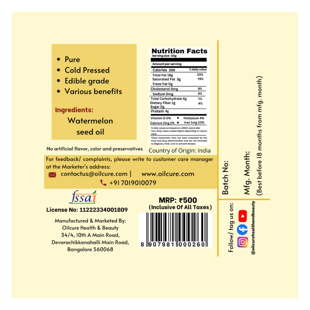 Oilcure Watermelon Seed Oil Cold Pressed - Swadesiicart