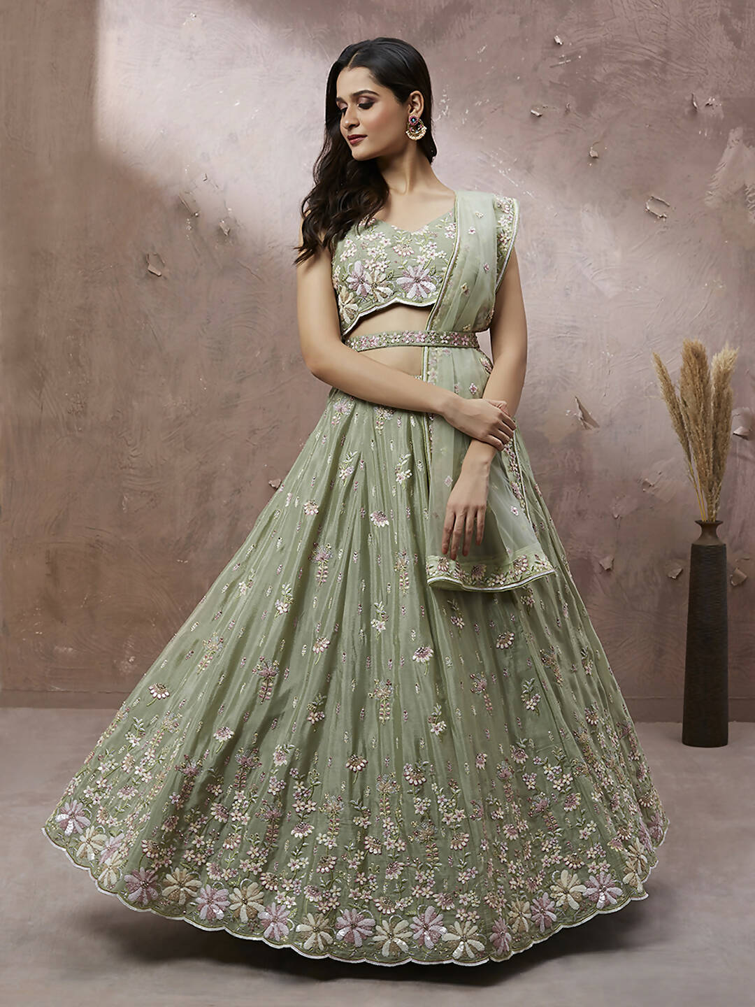 House of Panchhi Lime Green Pure Georgette Sequins with heavy Zarkan embroidery Lehenga choli & Dupatta | Swadesiicart