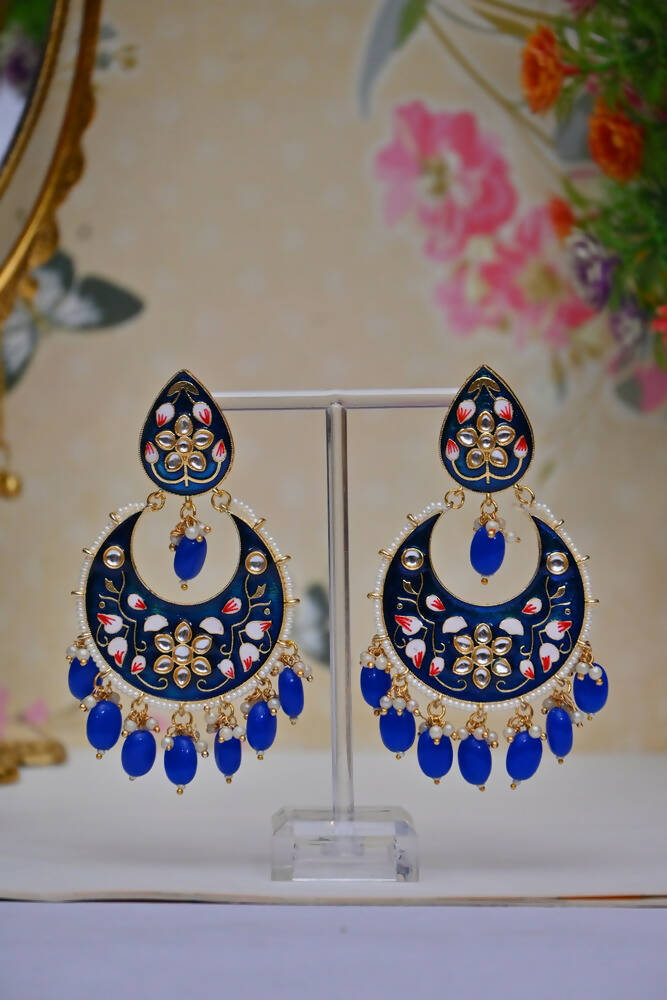 Gold-Polished Brass & Pearl Dangle Women Royal Blue Hand Painted Meenakari Chandbali Earrings By House of Ree | Swadesiicart