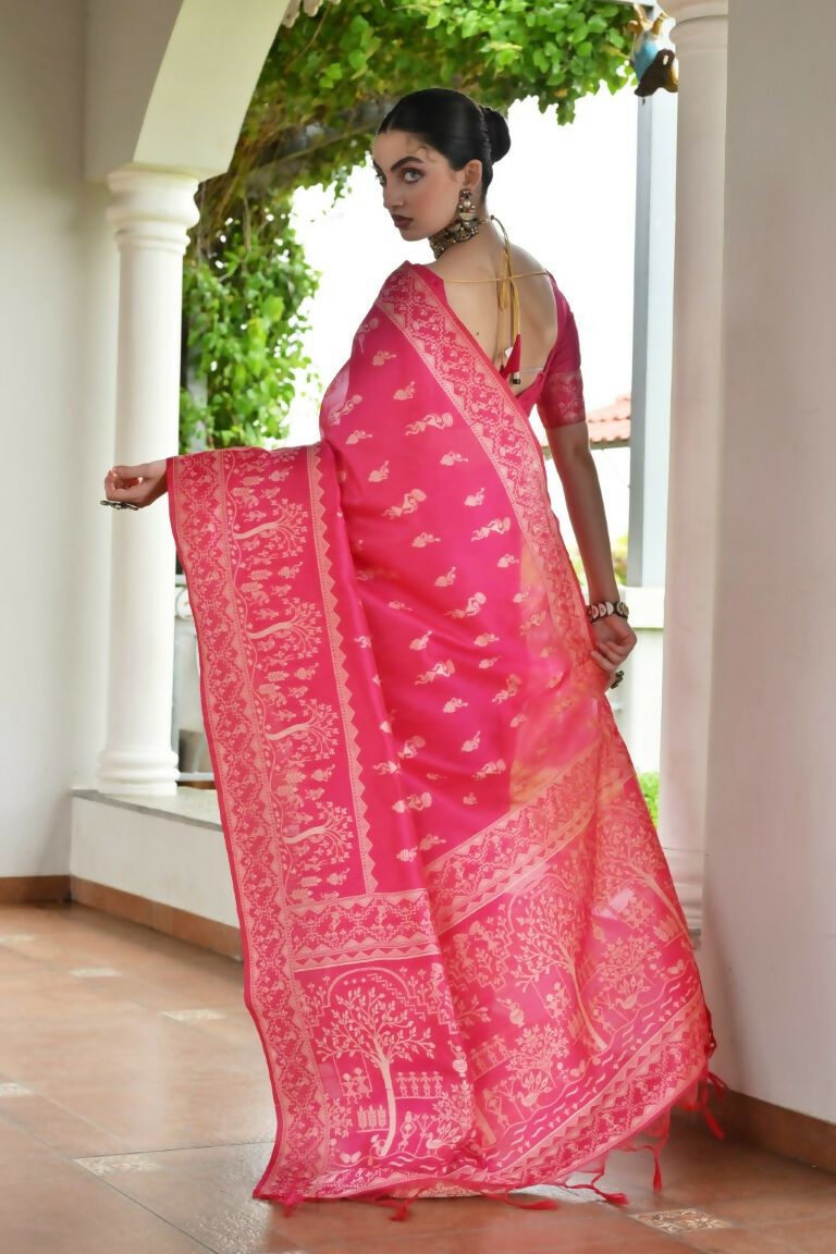 Vishnu Weaves Women's Rani Handloom Raw Silk Thread Weaving Saree with Blouse - Swadesiicart