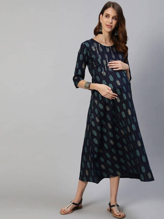 Anubhutee Navy Blue Ethnic Motifs Maternity A-Line Midi Dress | Swadesiicart