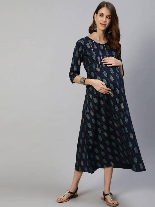 Anubhutee Navy Blue Ethnic Motifs Maternity A-Line Midi Dress | Swadesiicart