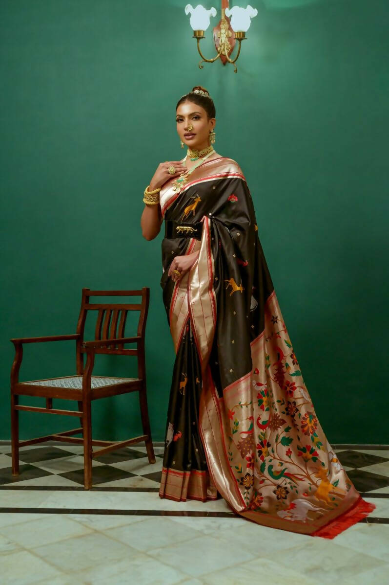 Vishnu Weaves Women's Black Paithani Silk Zari Woven Saree with Unstitched Blouse - Swadesiicart