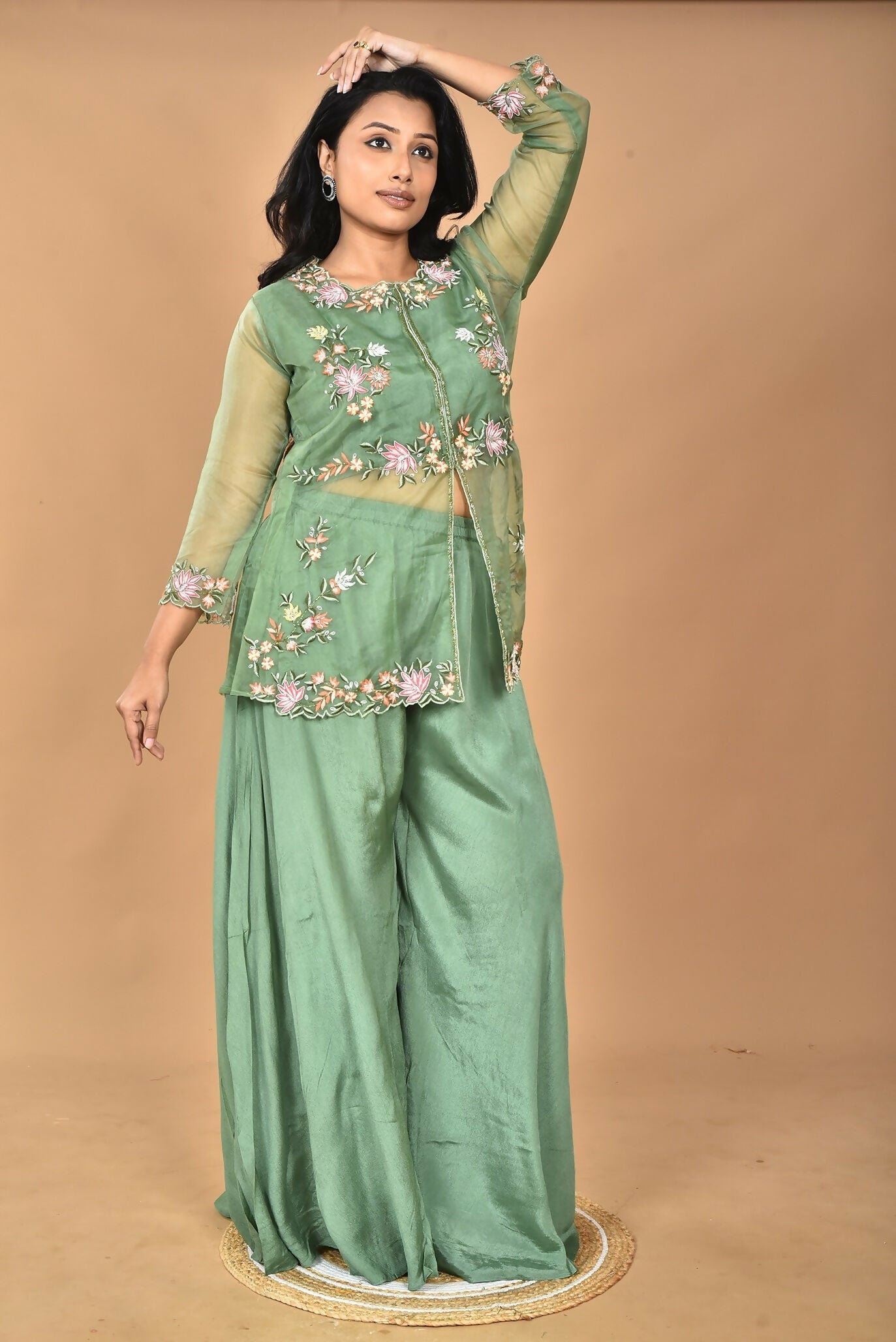 Morchari Women And Hand Embroidery Palazzo Set-Green - Swadesiicart