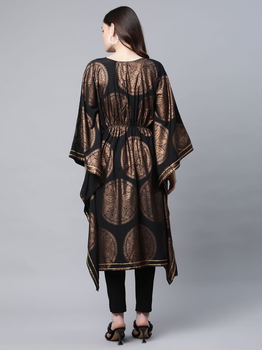 Ahalyaa Women Black Crepe Copper Foil Printed Flared Sleeve Kaftan Kurta | Swadesiicart