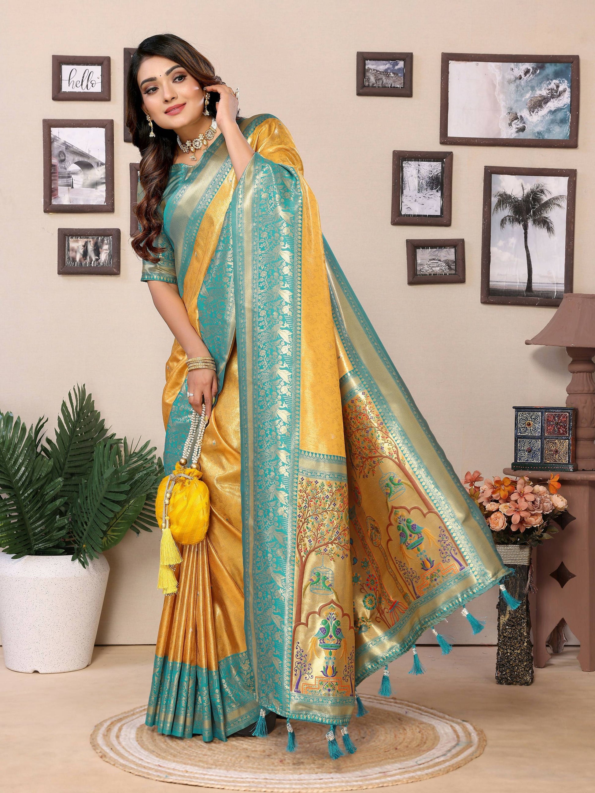 Aastha Fashion Yellow Tissue Silk Weaving Saree