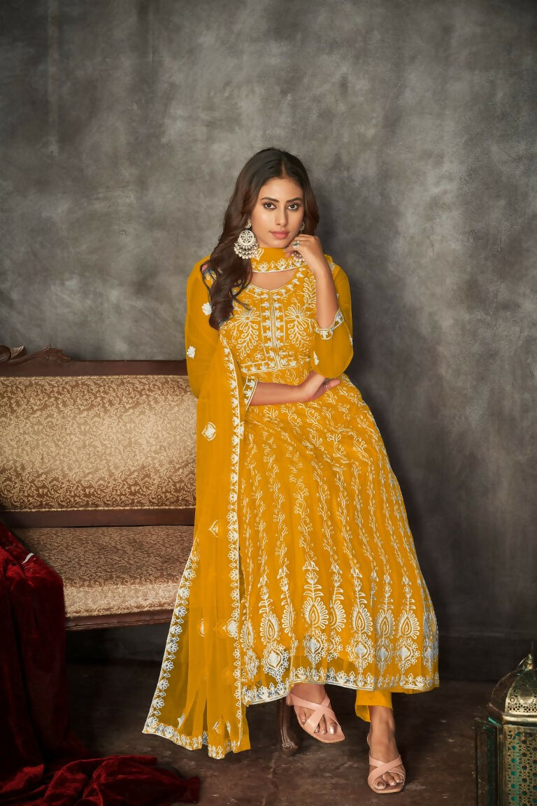 Jyoti Fashion Women's Yellow Net Embroidered Anarkali Kurta Pant Set With Dupatta | Swadesiicart