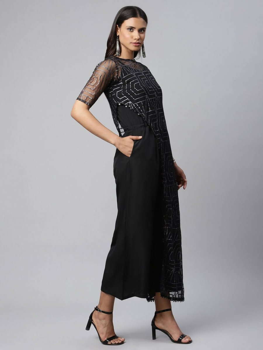 Ahalyaa Womens Black Crepe & Net Glitter Print Jumpsuit - Swadesiicart