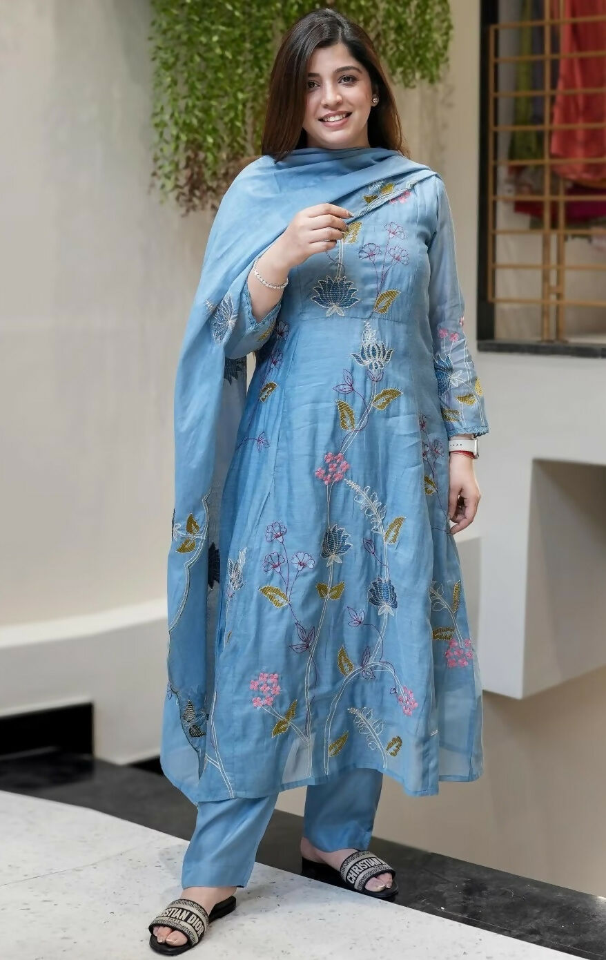 The52 Blue Women's Beautiful Cotton Fabric Thread Work Straight Kurta, Pant and Dupatta Set - Swadesiicart