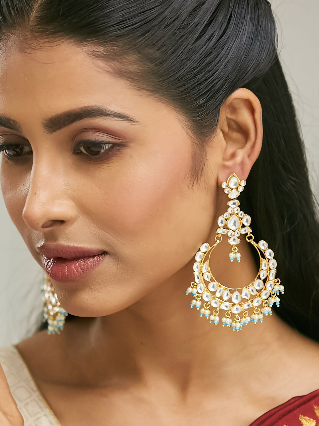 Nuyug 22K Gold-Plated Kundan Stone Studded & Pearl Beaded Chandbalis | Swadesiicart