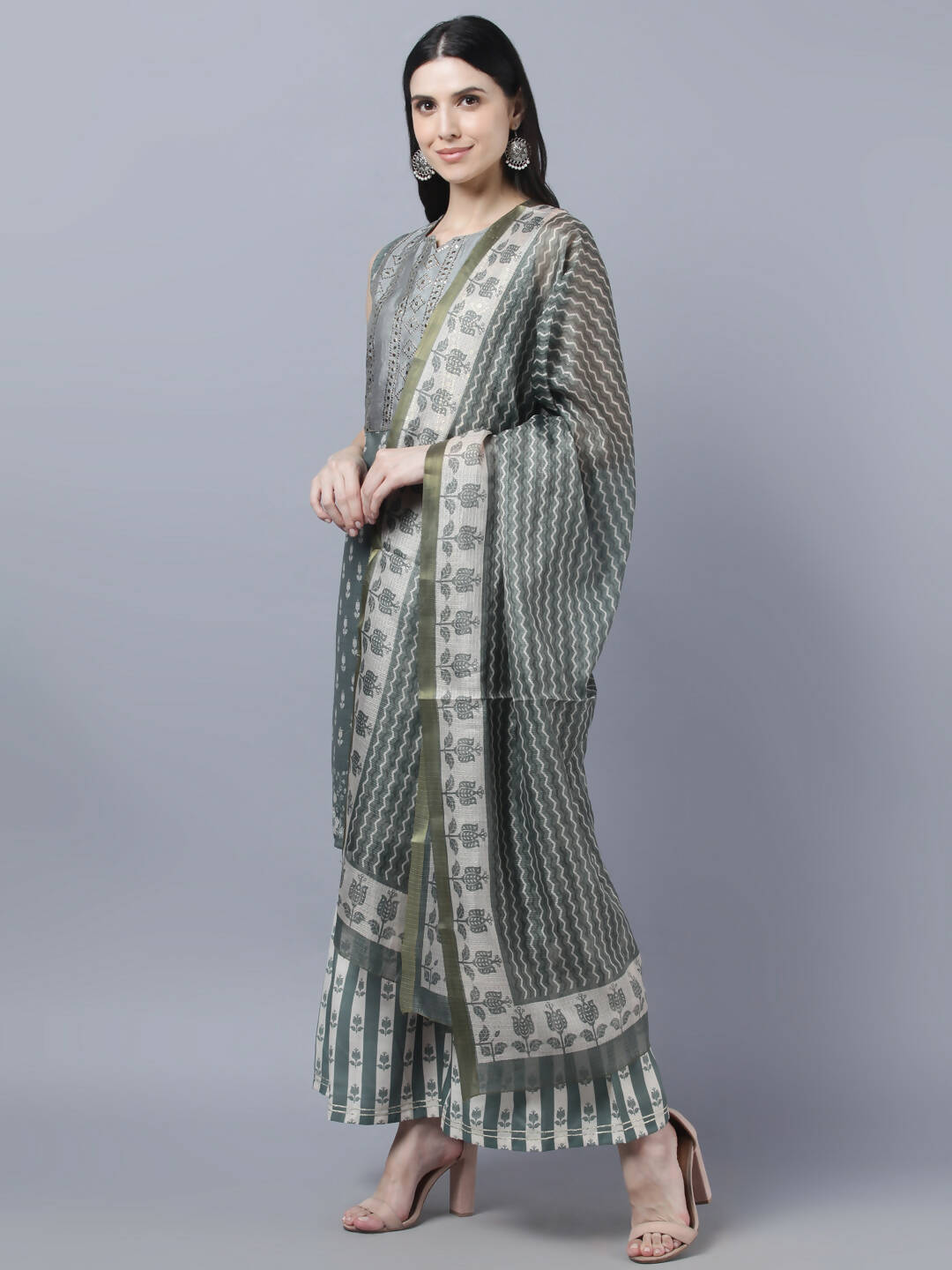 Myshka Women Grey Ethnic Motifs Printed Kurta with Shararas With Dupatta Set | Swadesiicart