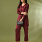 Myshka Women's Maroon Solid Satin V-Neck Party Tunic With Trousers Co-ord set - Swadesiicart