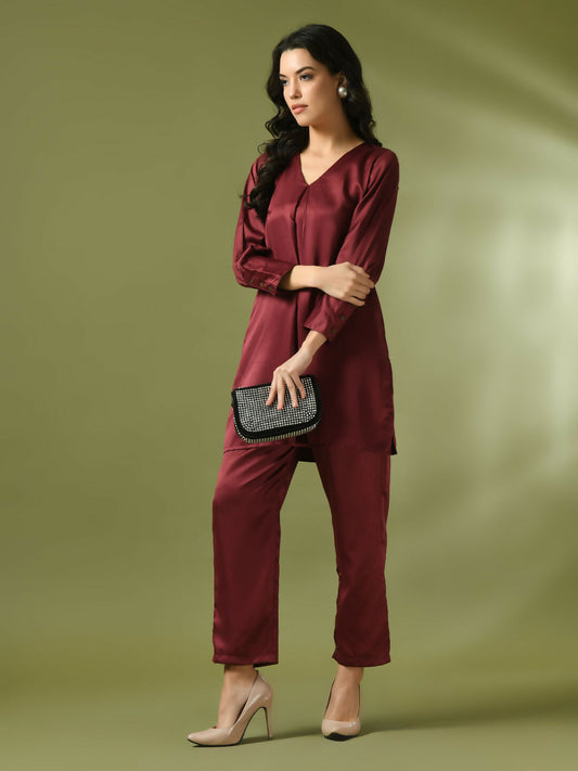 Myshka Women's Maroon Solid Satin V-Neck Party Tunic With Trousers Co-ord set - Swadesiicart