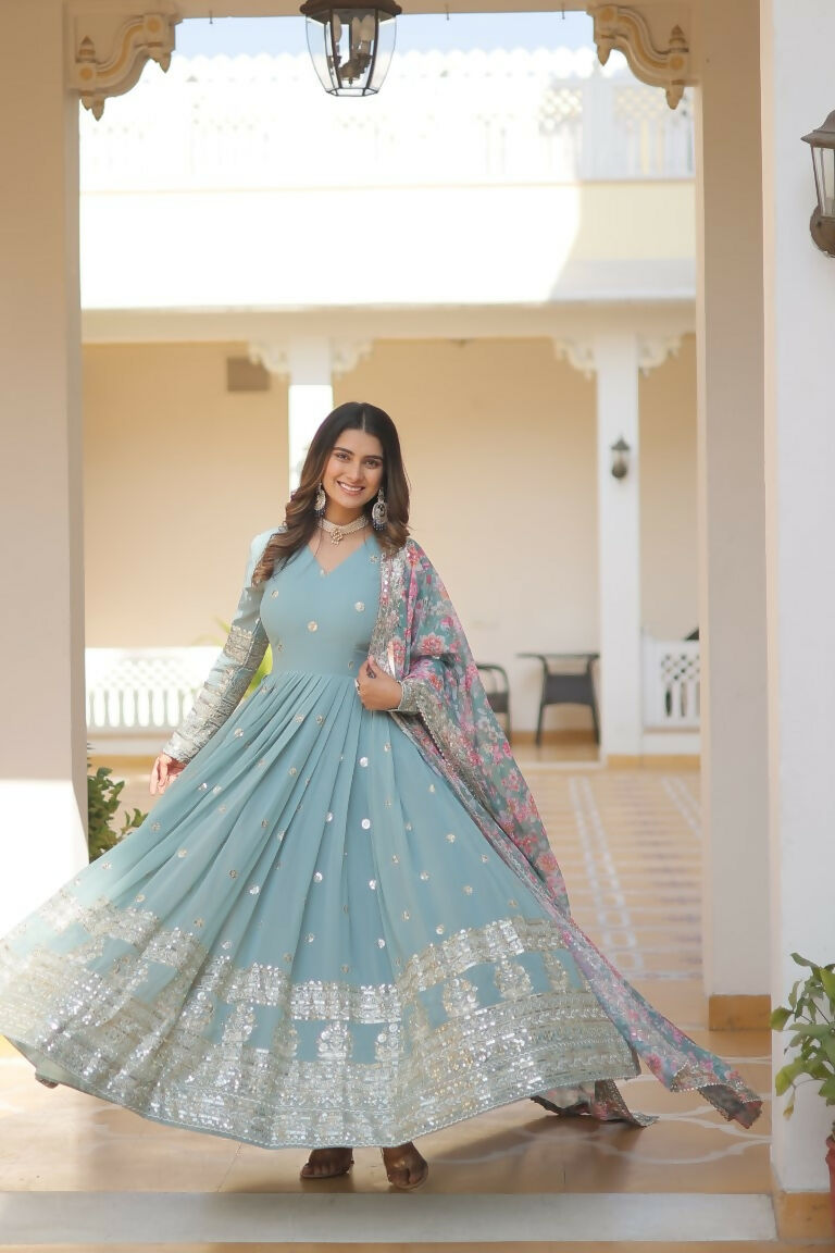 Jyoti Fashion Women's Sky Blue Faux Georgette Sequins Zari Embroideredy Anarkali Dress with Dupatta | Swadesiicart