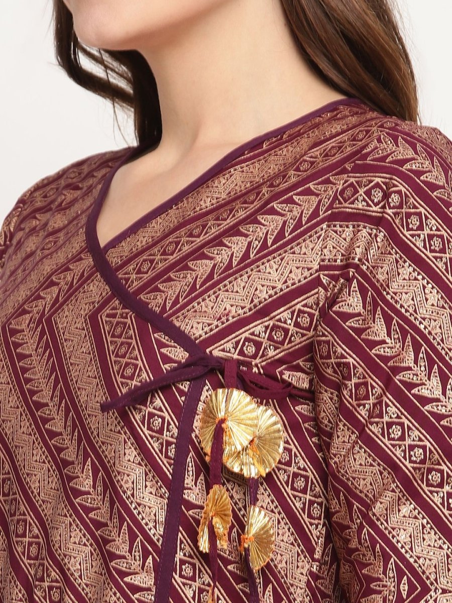 Ahalyaa Women Crepe Wine Colour Glitter Print Kurta | Swadesiicart