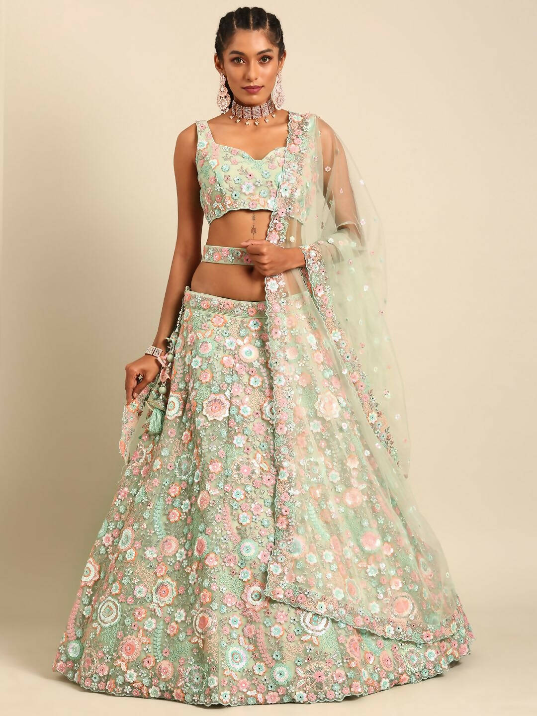 House of Panchhi Lime Green Net Sequins, Mirror and thread embroidery Lehenga choli & Dupatta | Swadesiicart