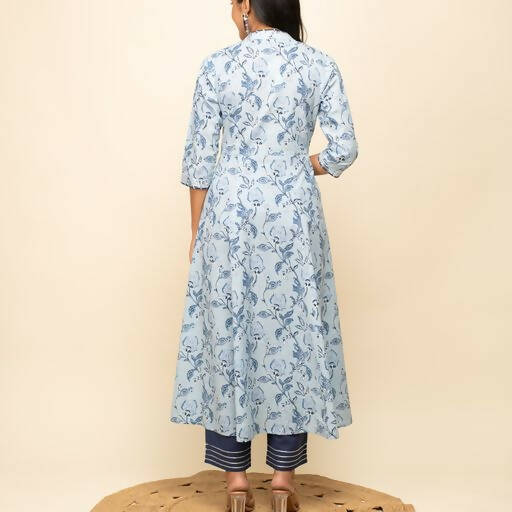 FIORRA Women's Light Blue Cotton Flared Kurta Pant with Dupatta - Swadesiicart