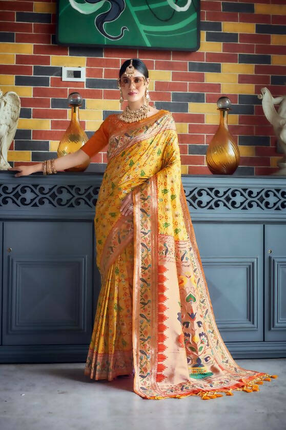Vishnu Weaves Women's Yellow Paithani Patola Silk Zari Woven Saree with Unstitched Blouse - Swadesiicart