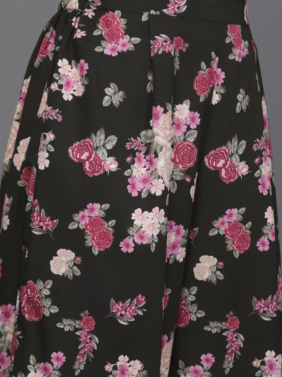 Ahalyaa Women Floral Printed Tunic with Palazzos - Black Color | Swadesiicart