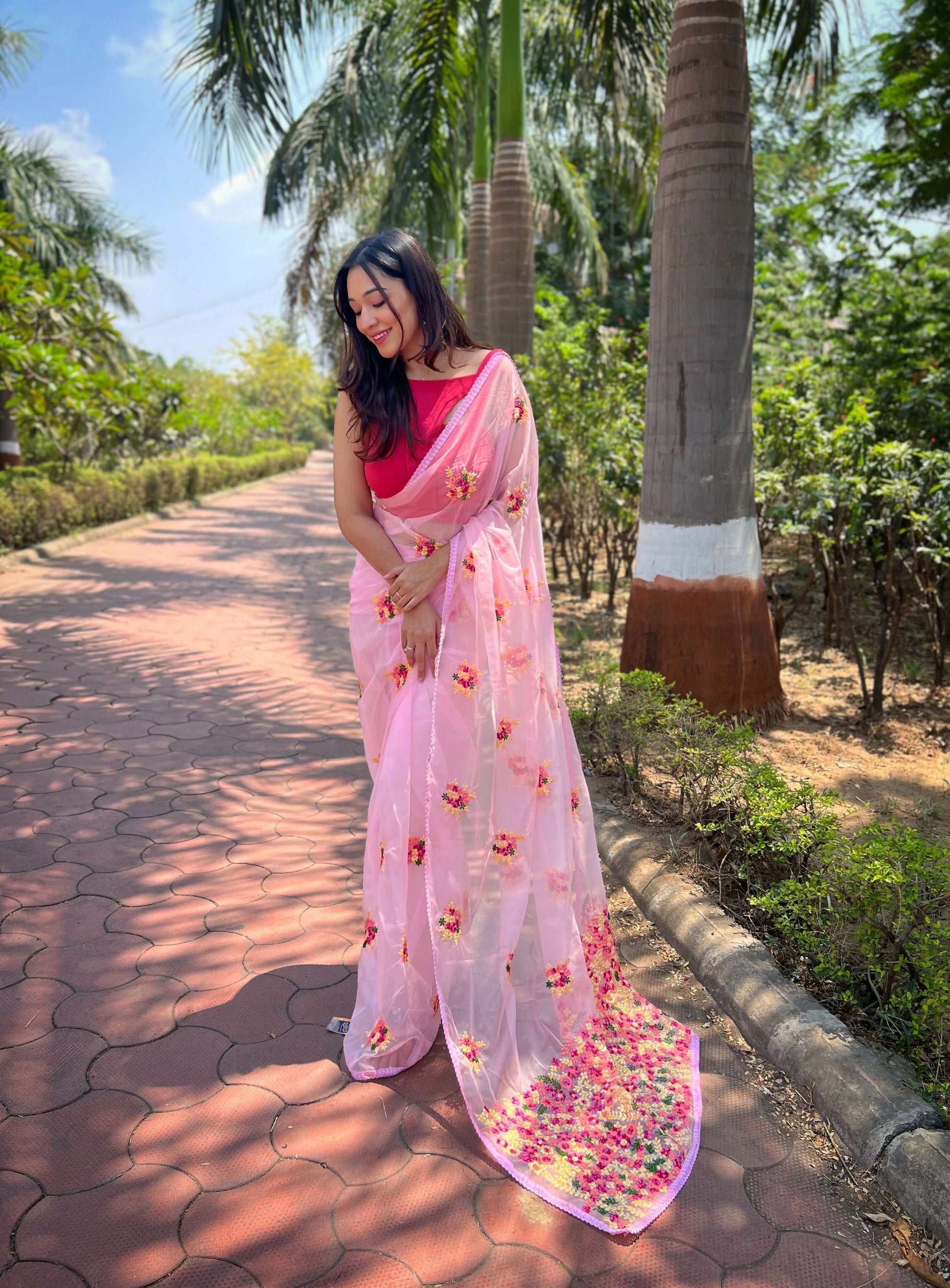 Vamsee Red-Garden Pink Organza Saree - Swadesiicart