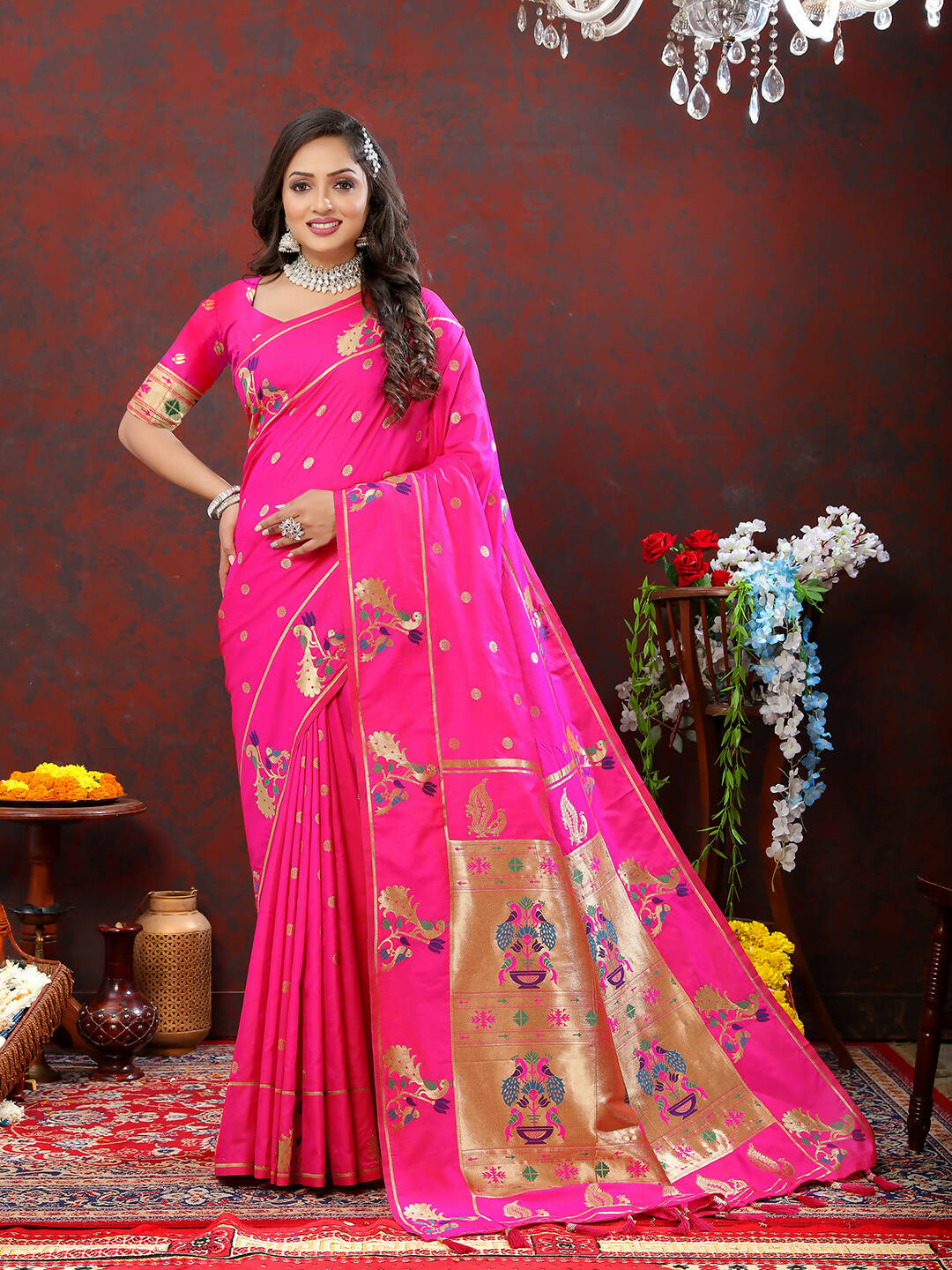 Lorenvalley Fashion Magenta Soft Paithani Silk Woven Design Gold Zari Meenakari Weaving Saree - Swadesiicart