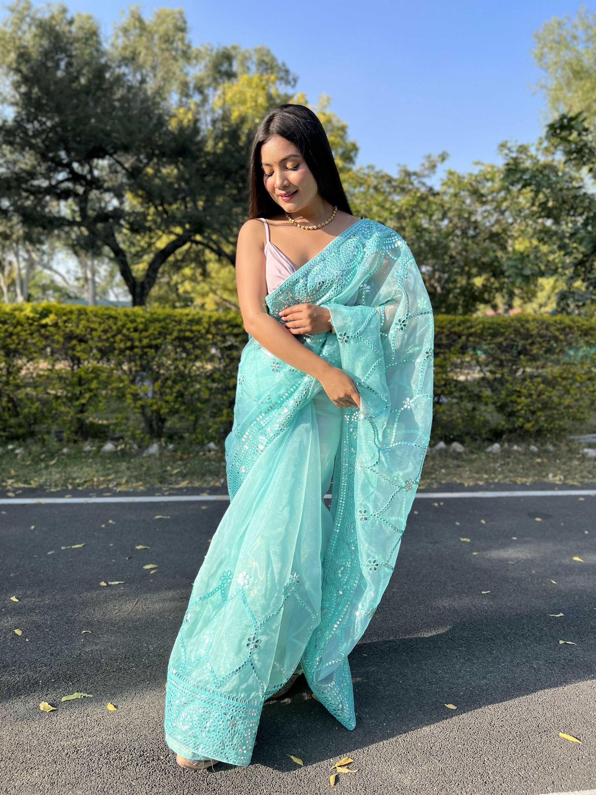 Vamsee Naina Blue Organza Saree - Swadesiicart