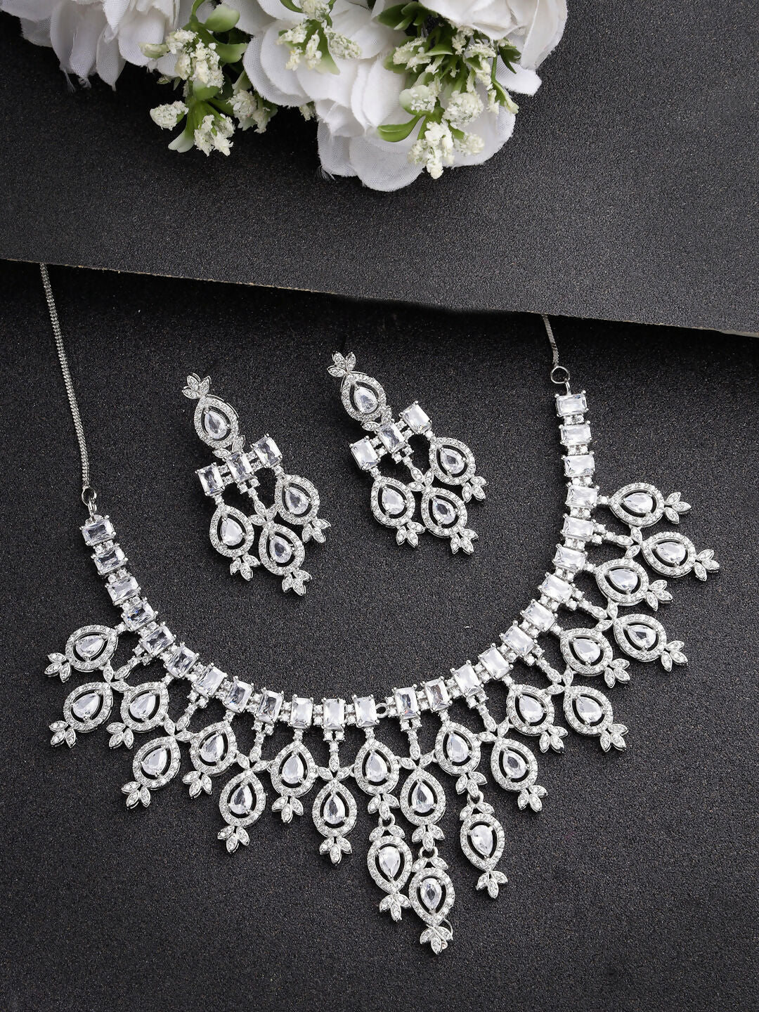 NVR Women's Silver-Plated Cubic Zirconia Studded Handcrafted Jewellery Set - Swadesiicart