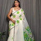 Exclusive Collection Beautiful White Light Green Pure Cotton Hand Print Handloom Saree With Running Blouse Piece - Swadesiicart