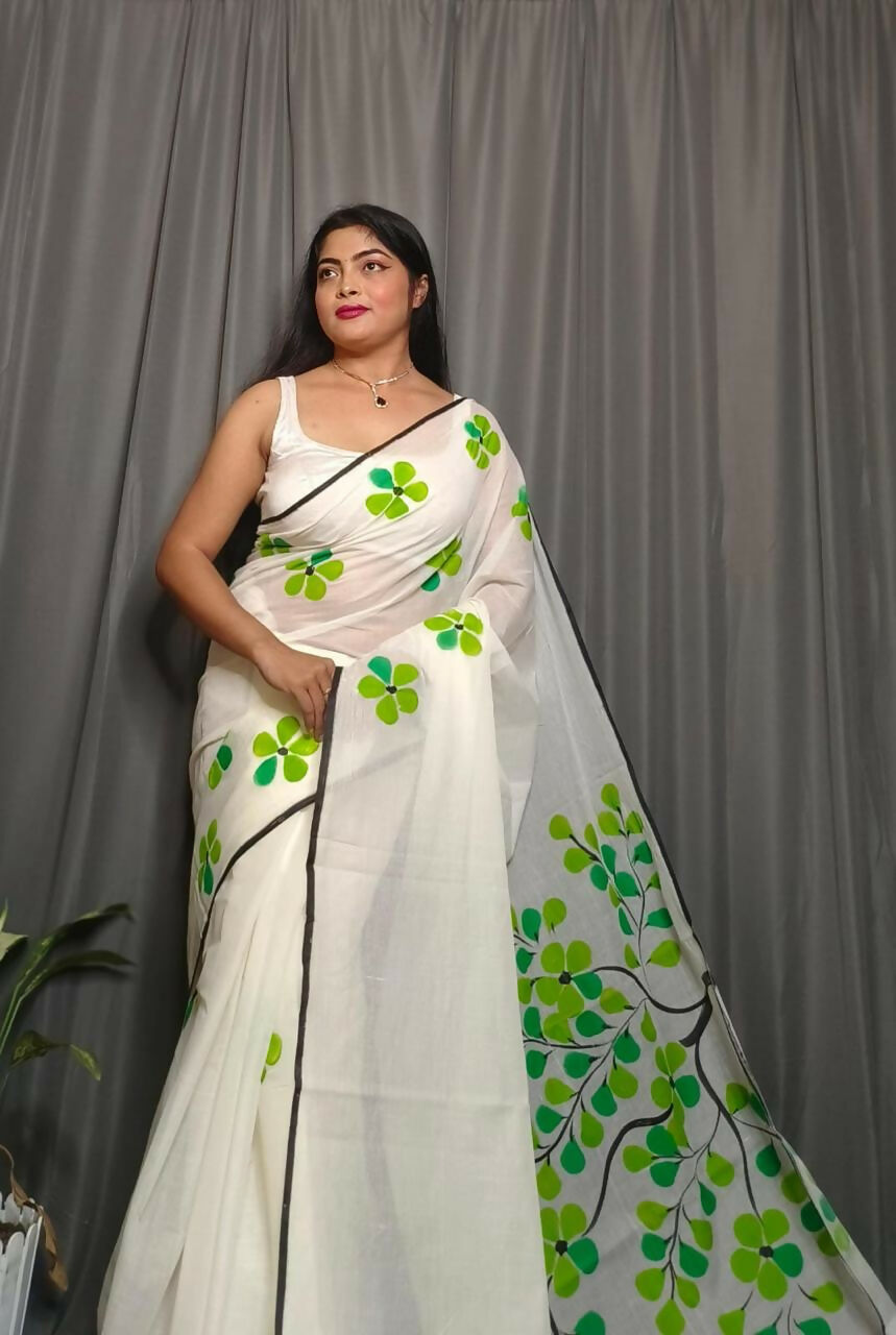 Exclusive Collection Beautiful White Light Green Pure Cotton Hand Print Handloom Saree With Running Blouse Piece - Swadesiicart