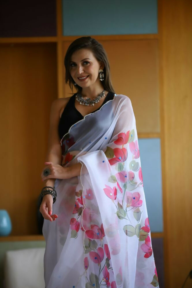 Vamsee Dhruti2 White Organza Saree - Swadesiicart