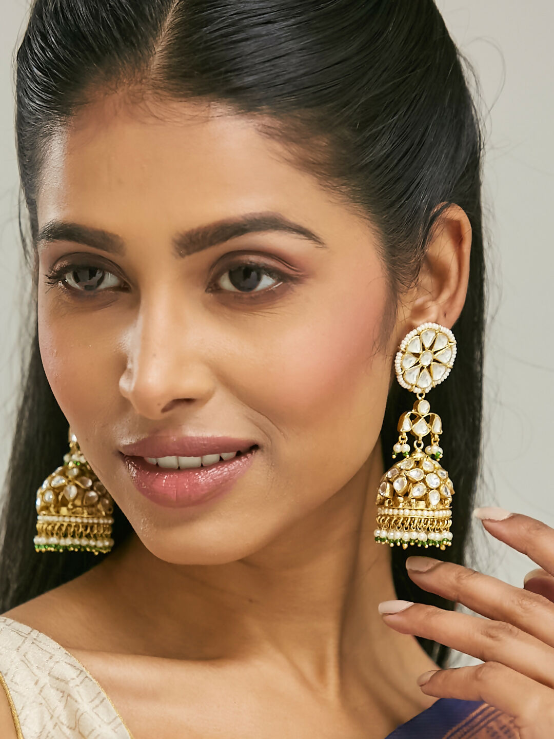 Nuyug 22K Gold-Plated Kundan Stone Studded & Pearl Beaded Dome Shaped Jhumkas | Swadesiicart