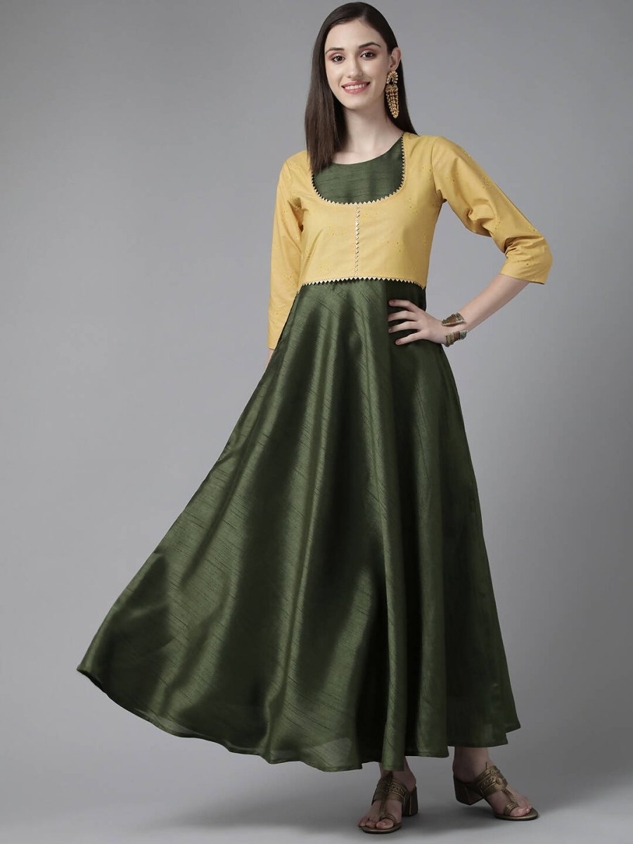 Ahalyaa Womens Olive Art Silk Solid Dress with Jacket | Swadesiicart