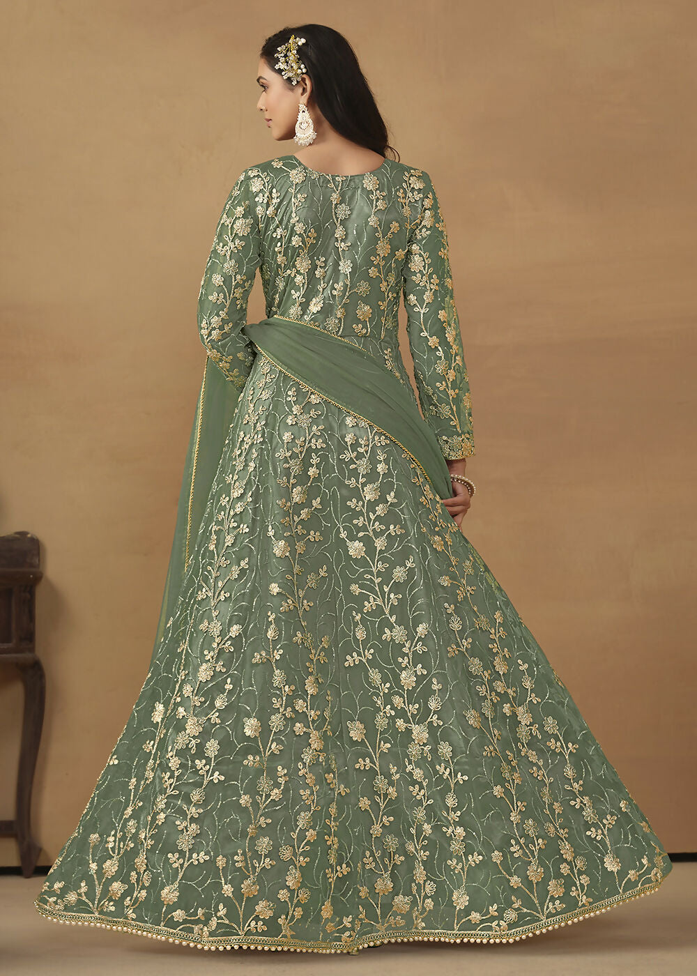 Pant Style Sage Green Embroidered Net Wedding Anarkali Suit - Emponline | Swadesiicart