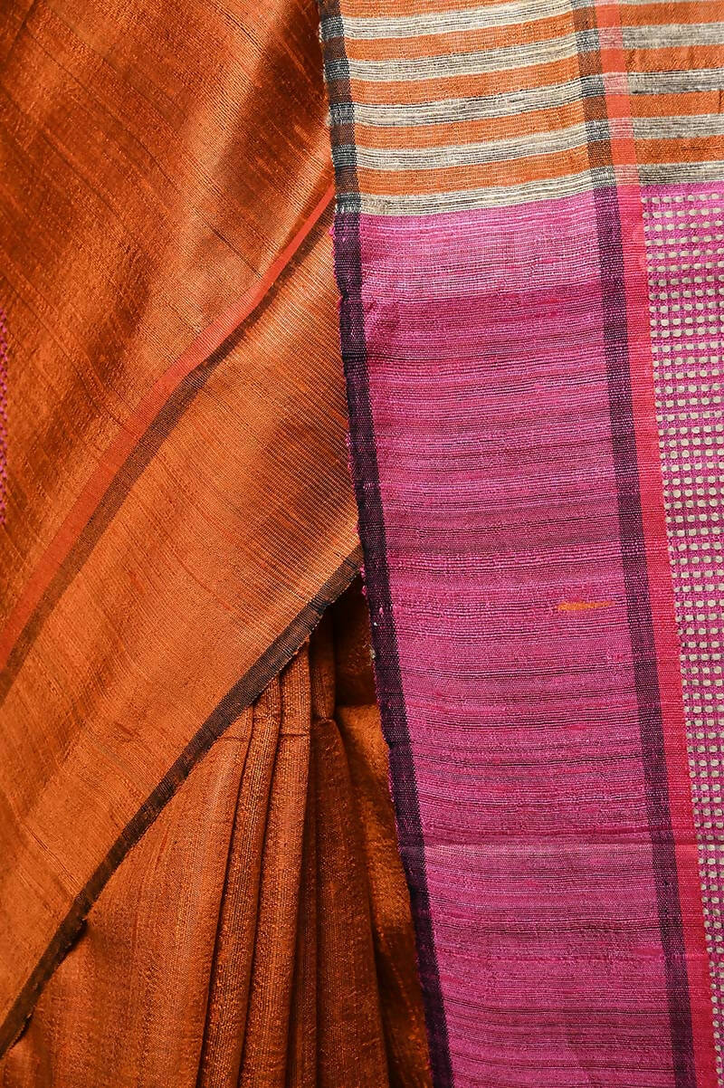 Very Much Indian Handwoven Raw Silk Dupion Saree - Orange With Pink Pallu | Swadesiicart