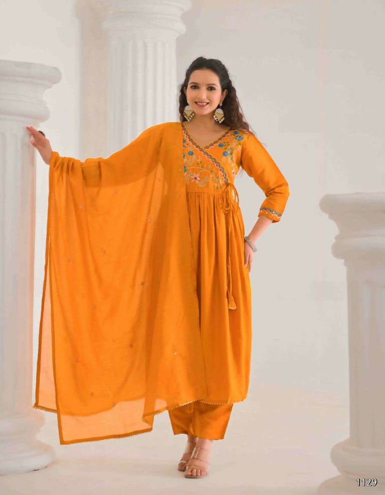 Ethnic Festive Wear Viscose Chanderi orange Stitched Suit With Dupatta - Tanisha | Swadesiicart