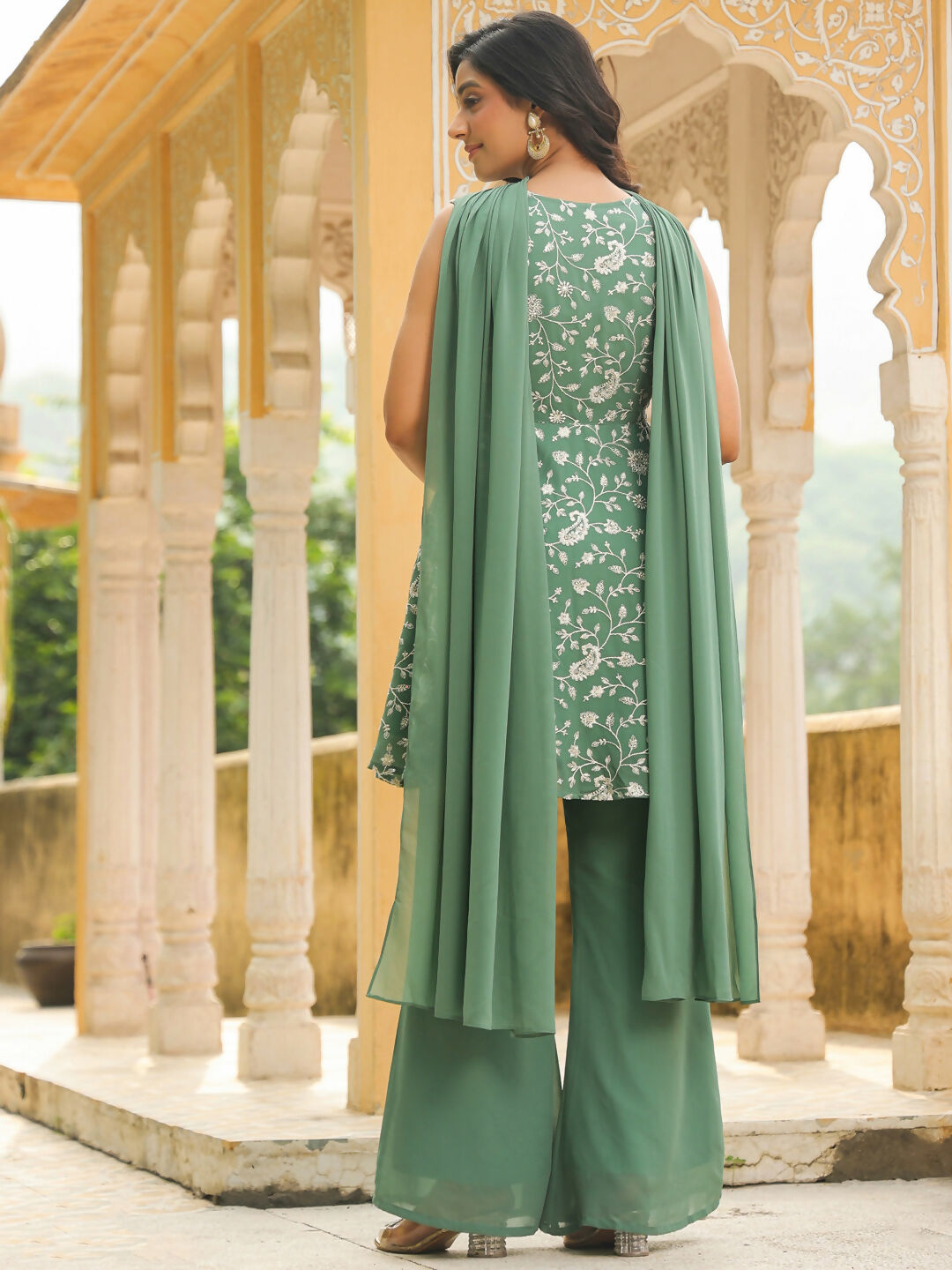 Janasya Sage Green Georgette Embroidered Kurta,Bottom & Dupatta | Swadesiicart