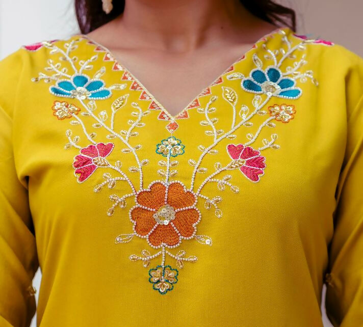 The52 Yellow Women's Gorgeous Embroidered work Viscose Gadhwal Fabric Straight Kurta, Pant and Dupatta Set - Swadesiicart