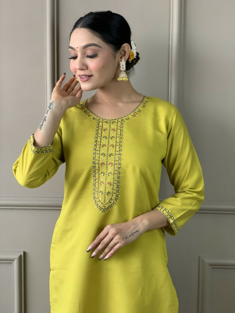Lemon Viscose chanderi Stitched Suit With Dupatta - Tanisha | Swadesiicart