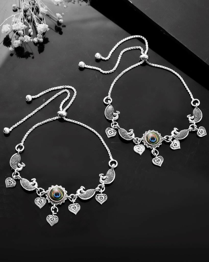 VOJ Set Of 2 Silver Plated Peacock Handcrafted Anklets - Swadesiicart