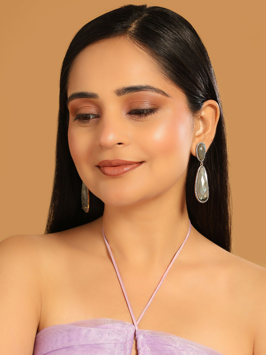 Nuyug 22K Gold Plated Labradorite Stone Contemporary Drop Earrings | Swadesiicart