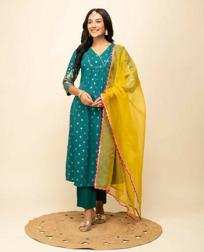 FIORRA Women's Teal Blue Crepe A-Line Kurta Pant with Dupatta - Swadesiicart